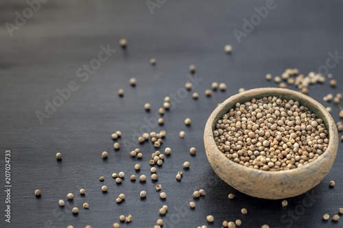 Coriander Seeds Medical Herb Health Copy Space Selective Focus Black Background Cosmetic Food Ingredient