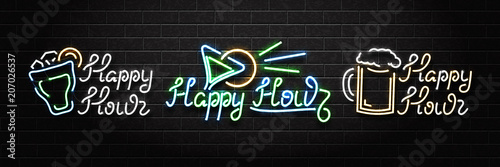Vector set of realistic isolated neon sign of Happy Hour for decoration and covering on the wall background. Concept of night club, free drinks, bar counter and restaurant.