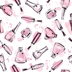 Wandcirkels Aquarel prints patronen Watercolor seamless pattern with nail polish. Fashion illustration  © BloomPix