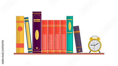 Vector illustration. Wooden bookshelf with colorful books and an alarm clock.