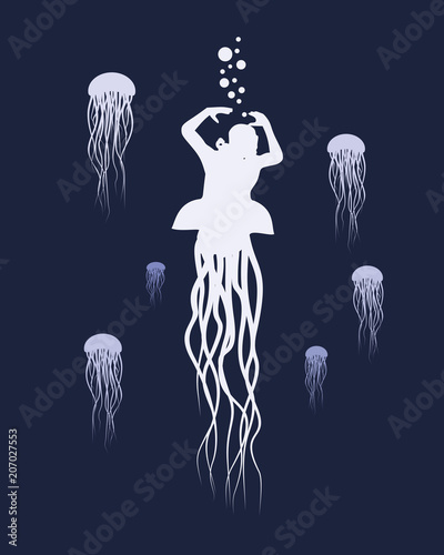 Silhouette of diver. Jellyfish as lower part of the body. The concept of sport diving.