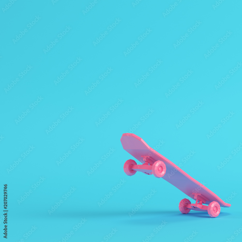 Pink low poly skateboard deck on bright blue background in pastel colors Pink low poly skateboard deck on bright blue background in pastel colors