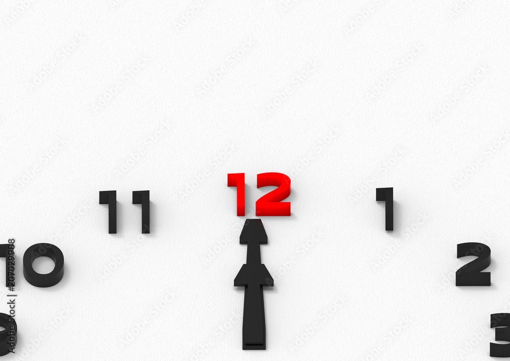 3d rendering. red twelve number on clock, At noon as a favorite time of everyone concept. 3d rendering. red twelve number on clock, At noon as a favorite time of everyone concept.