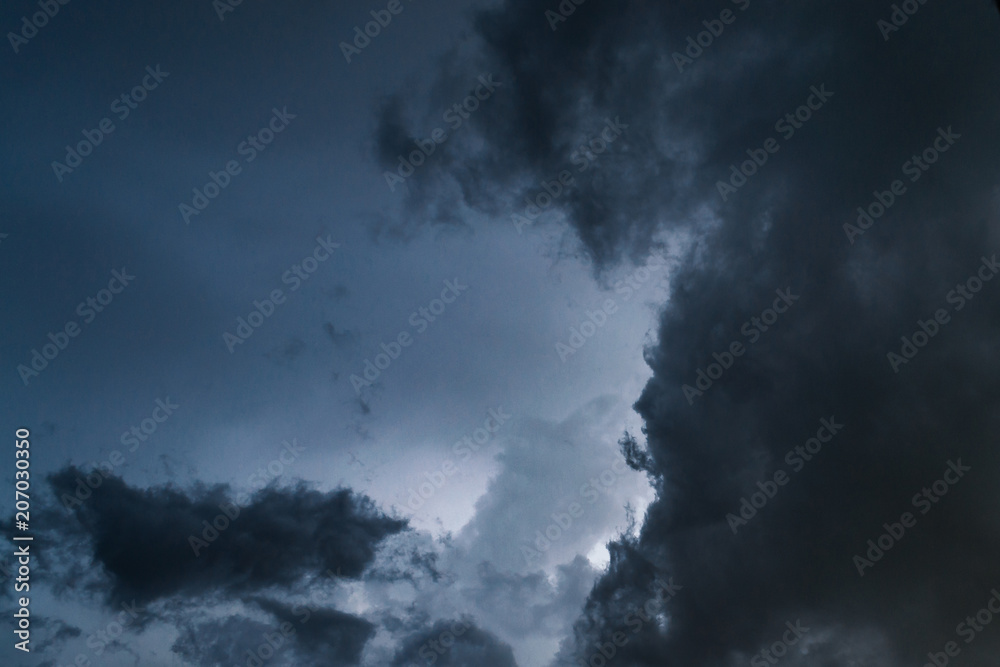 Extreme thunderstorm shelf cloud. Summer landscape of severe weather