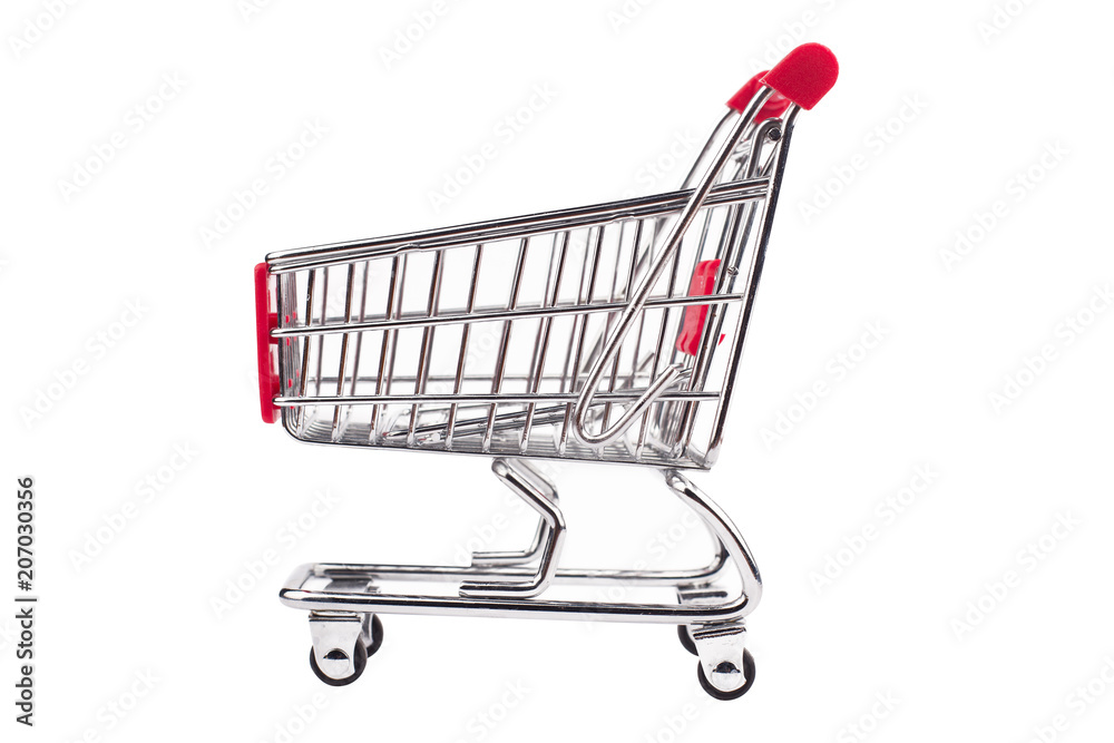 small aluminum shopping cart on white background