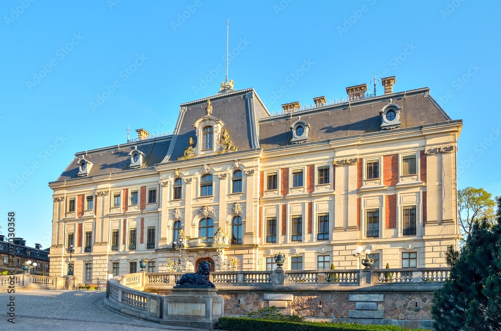 Castle in Pszczyna town in Poland. Beautiful antique neo baroque castle.
