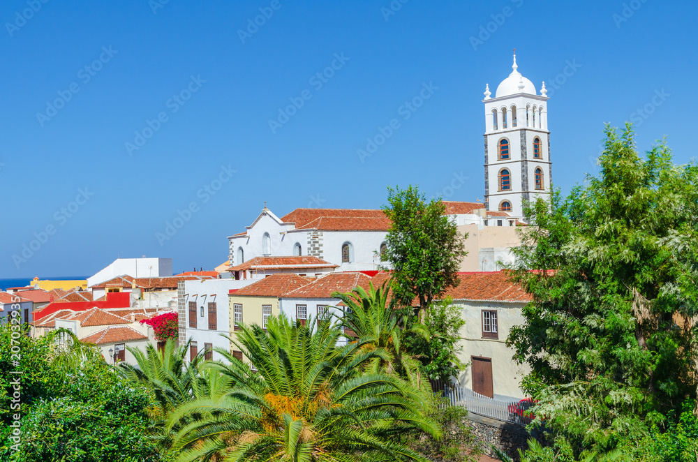 City overview with church Iglesia de Santa Ana in Garachico, Tenerife, Canary Islands, Spain