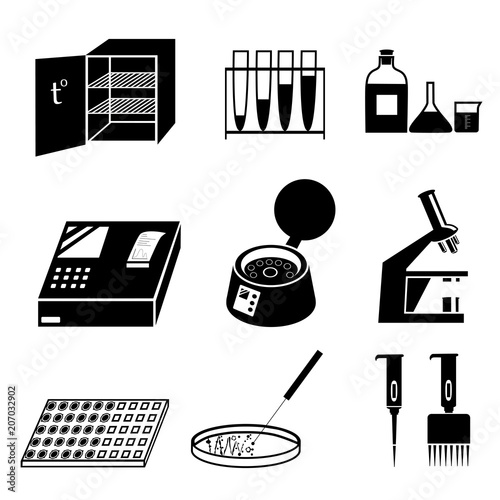 Silhouettes of microbiology icons set. Laboratory analysis, tests and equipment. Black and white vector illustration isolated on white background