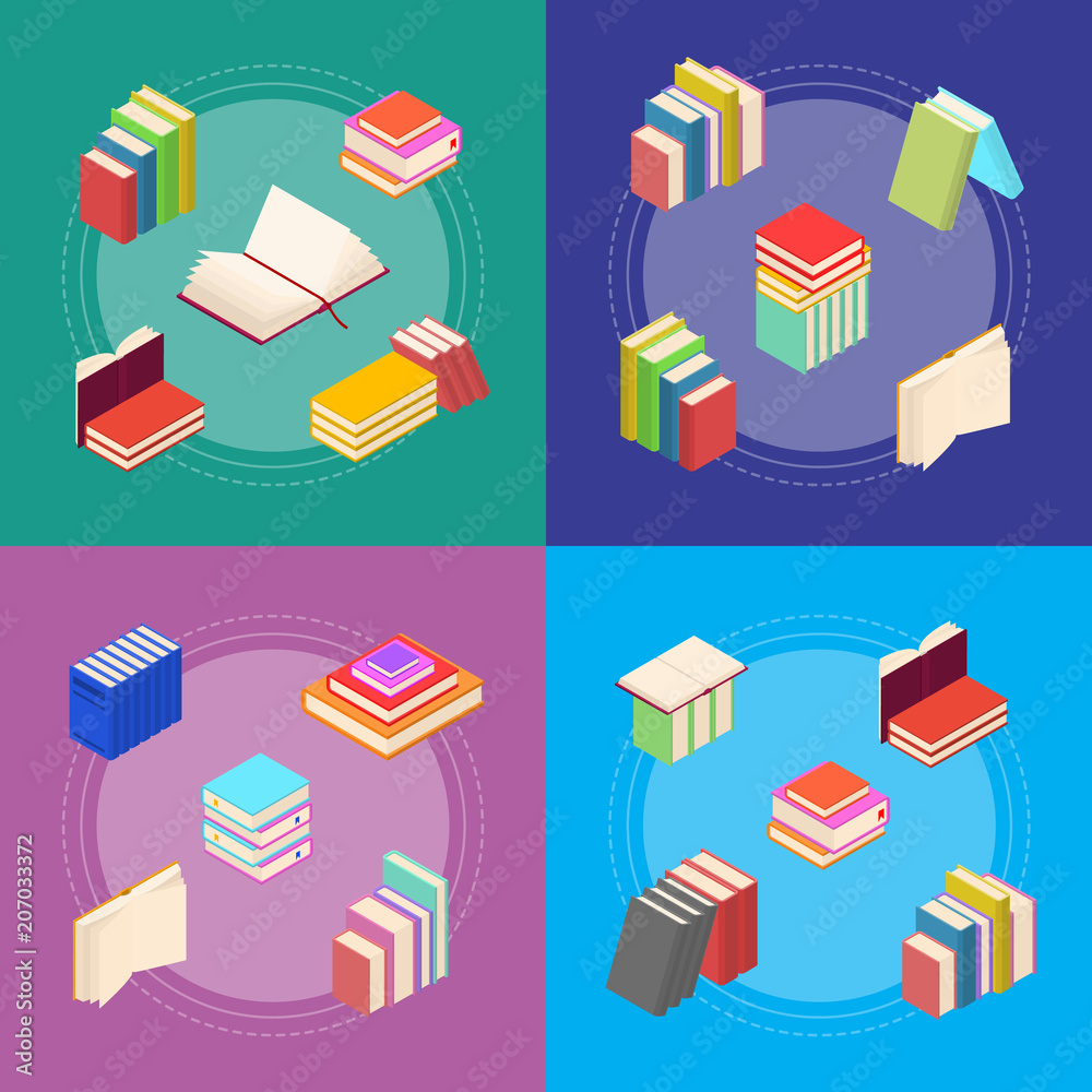 Stack Of Color Books Banner Card Set Isometric View. Vector Stack Of Color Books Banner Card Set Isometric View. Vector