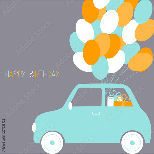 Happy birthday card. Cute small car with  balloons. Vector illustration.