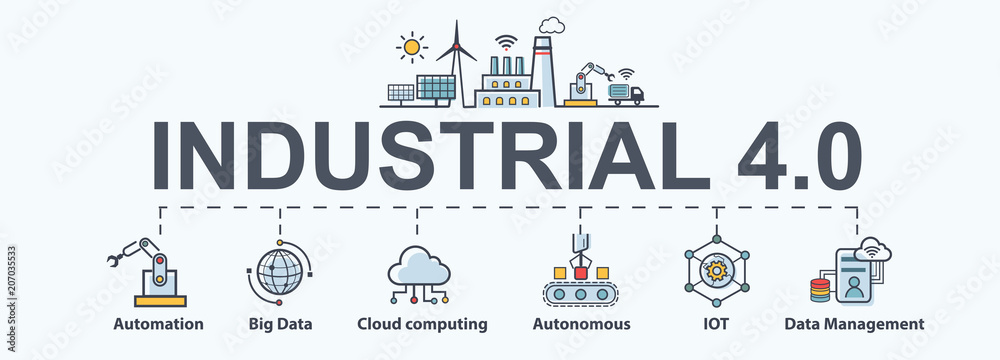 Industry 4.0 banner, productions icon set: smart industrial revolution, automation, robot assistants, iot, cloud and bigdata. - obrazy, fototapety, plakaty 