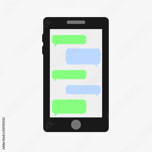 Mobile phone. Vector illustration. Social network concept. Vector. Messenger window. Chating and messaging concept. Green chat boxes. Realistic smartphone with green chat boxes.