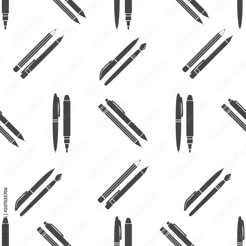 Stationery: pen, pencil, marker, paintbrush. Seamless background drawing.