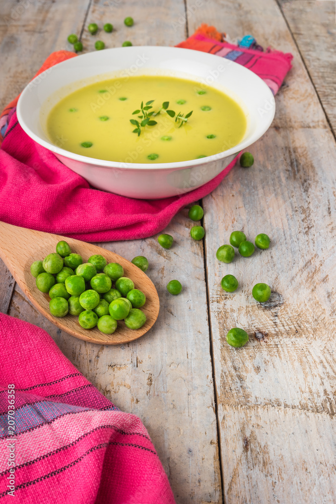 Fresh green pea soup with pea seeds. Fresh green pea soup with pea seeds.