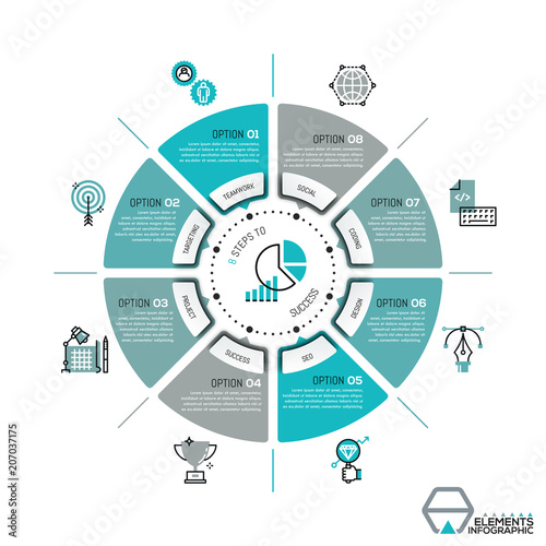 Unique infographic design template, circular diagram or pie chart with 8 sectors.