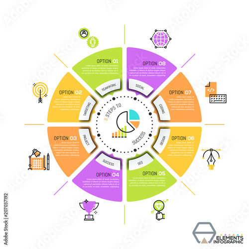 Unique infographic design template, circular diagram or pie chart with 8 sectors.