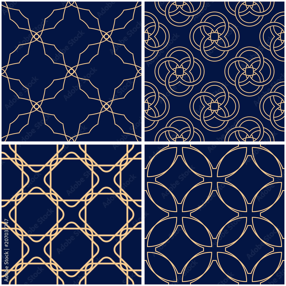 Fototapeta premium Geometric patterns. Set of golden blue seamless backgrounds