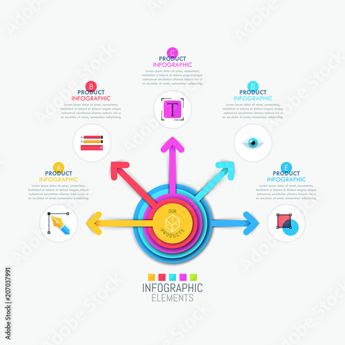Infographic design layout with central circular element and 5 colorful arrows