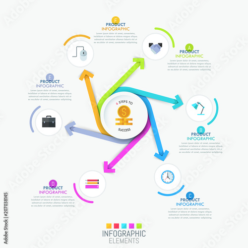 Creative infographic template - 6 multicolored spiral arrows pointing out of center