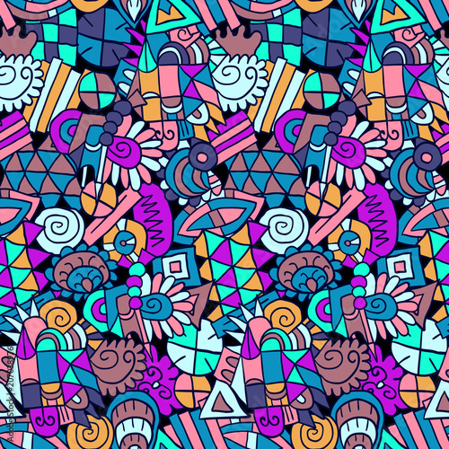Tribal pattern. Ethnic print. Aztec. Abstract geometric fabric. Cloth design. Doodles pattern. Zentangle. Boho homespun. Hand drawn seamless illustration.