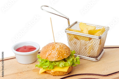 mini kid burger with juice and potato isolated on white background
