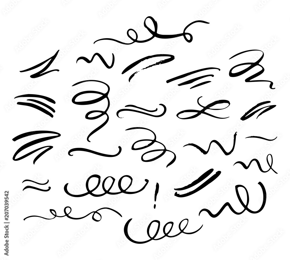 Hand drawn decorative curls, swirls, flourishes and text calligraphy dividers collection. Vintage design elements. Vector ink brush illustration.