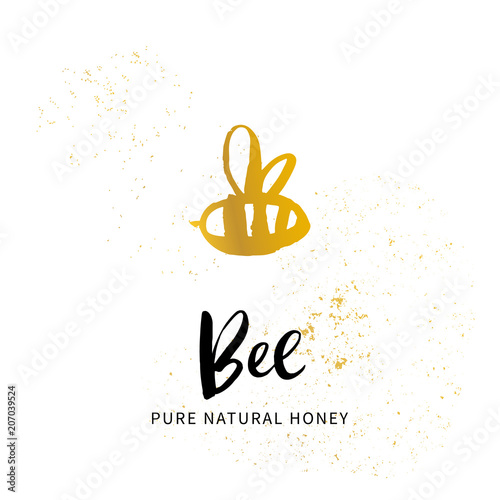 Hand sketched bee honey logo. Gold and Black cut silhouette on a white background. Hand drawn design elements. Vector illustration.