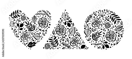 Flower heart circle triangle shape pattern. Floral botanical elements. Hand drawn illustration. Nature vector design.