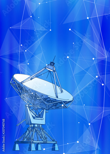 satellite dishes antenna - doppler radar, digital wave, white points, stars, lines, triangles & blue green technology background. Vector illustration / eps10