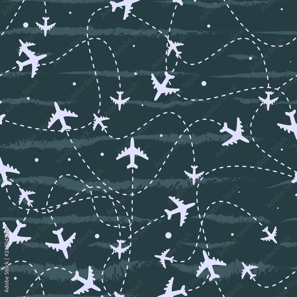 Travel around the world airplane routes seamless pattern, background, vector, Endless texture can be used for wallpaper, pattern fills, web page,background,surface