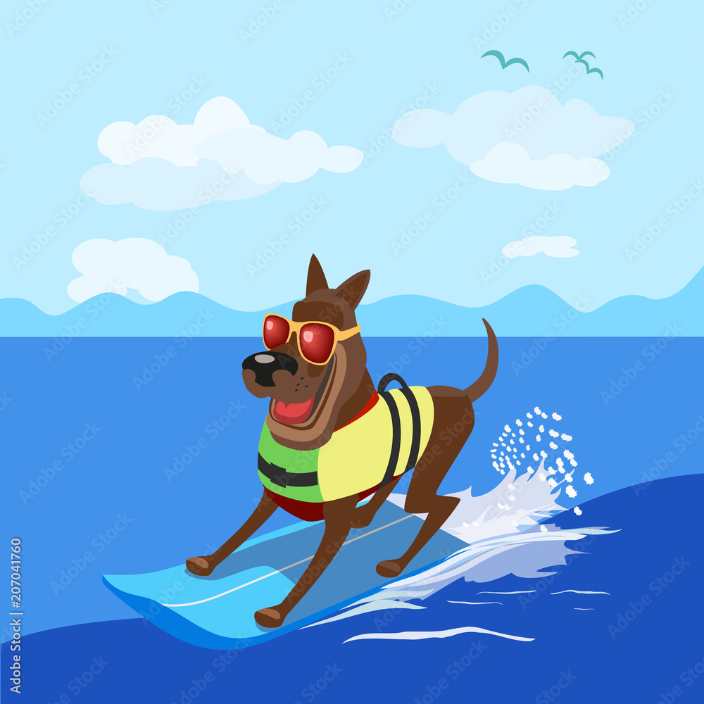Summer fun sport concept. Dog surfing at beach. Pet in life vest on
