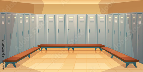 Vector cartoon background with rows of individual lockers, empty dressing room with closed metal closets. Storage space for changing clothes, keeping sport equipment, school cabinets, front view