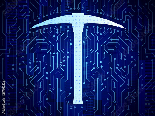 Abstract mining concept with pickaxe and circuit board. High-tech technology background. Futuristic vector illustration.