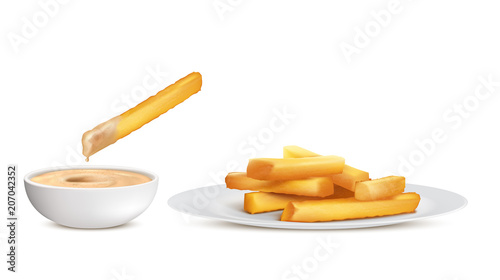 Vector realistic golden french fries, heap of fried potato sticks in white plate and bowl with sauce, isolated on background. Fastfood, crispy chips, unhealthy fatty eating to have fast snack
