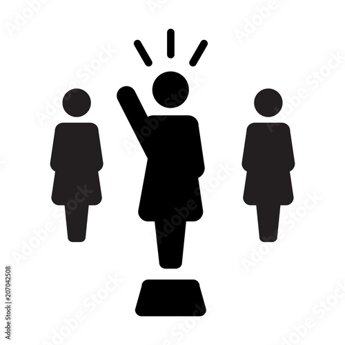 Leader Icon vector female public speaker person symbol for leadership with raised hand in glyph pictogram illustration