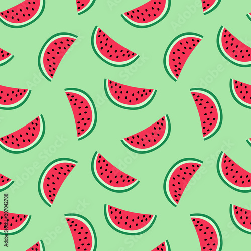 slice of red watermelon on a green background pattern summer sweet seamless vector