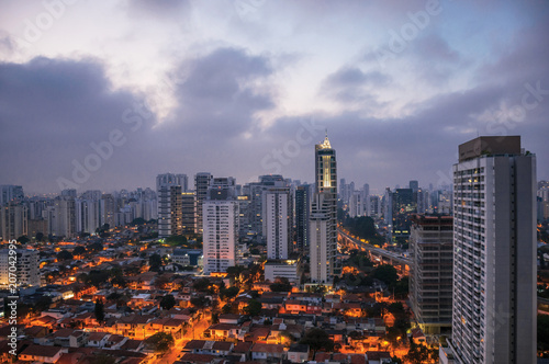 View of the city skyline in the early morning light with houses and buildings under cloudy skies in the city of S  o Paulo. The gigantic city  famous for its cultural and business vocation.