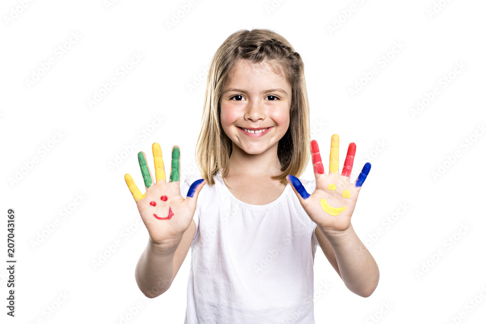 smiling girl with the palms painted by a paint. Isolated on white background smiling girl with the palms painted by a paint. Isolated on white background