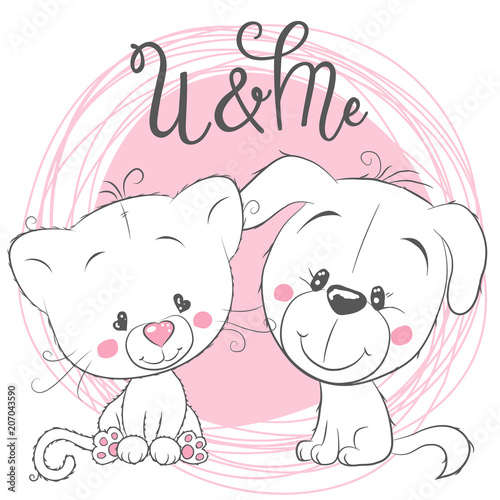 Cute Cat and Dog on a pink background