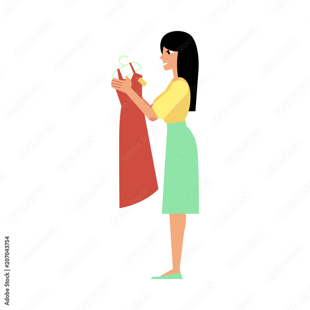 Smiling young woman holding dress on shopping in cloth store with satisfied facial expression. Female young customer buying clothing. Vector isolated illustration Smiling young woman holding dress on shopping in cloth store with satisfied facial expression. Female young customer buying clothing. Vector isolated illustration