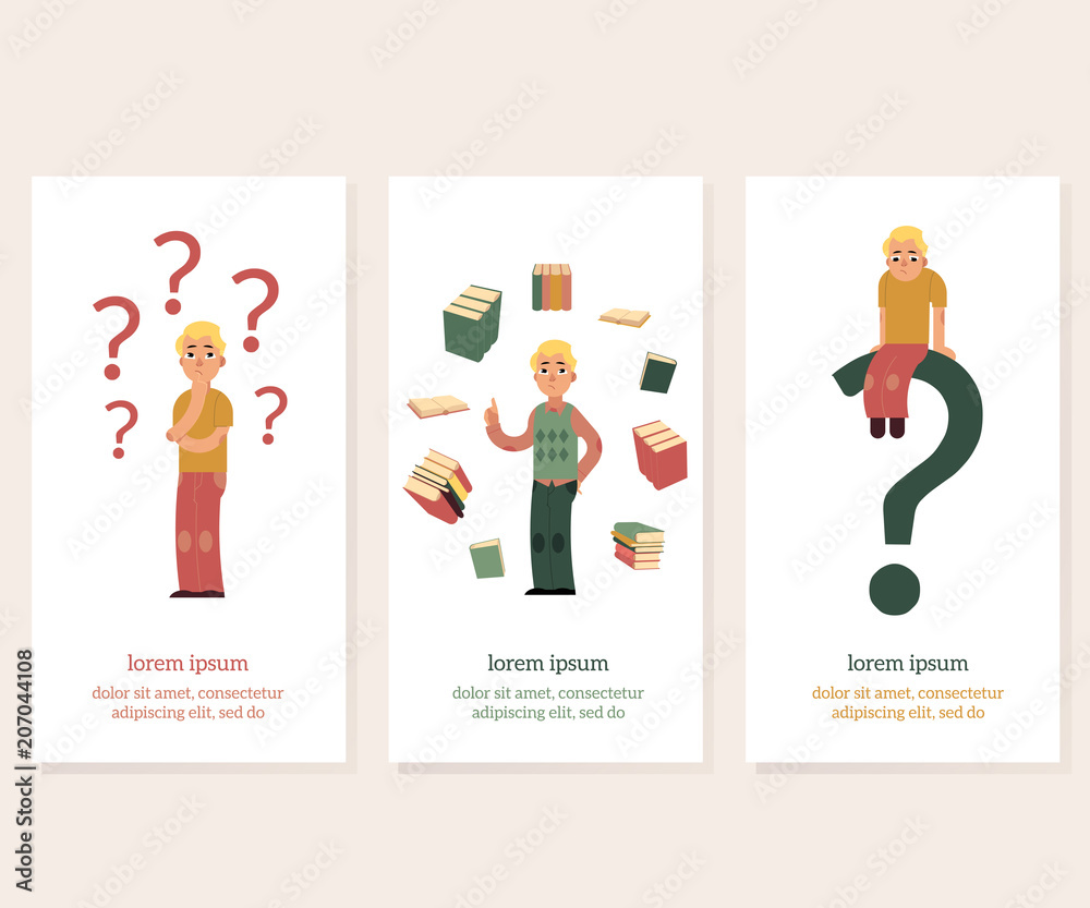 Young male characters in doubts, choosing and making decisions and students with books around poster set. Men in casual clothing, glasses standing, sitting with happy and sad face. Vector illustration