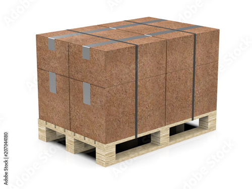 Europallets with packed boxes of recycled material, tied with a ribbon. 3d illustration. photo