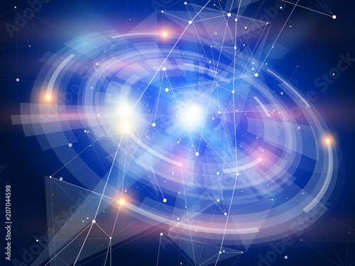 Futuristic holographic display of radial UI elements against a background of deep blue space strewn with stars & constellations / transparent structure of white points connected by lines & triangles