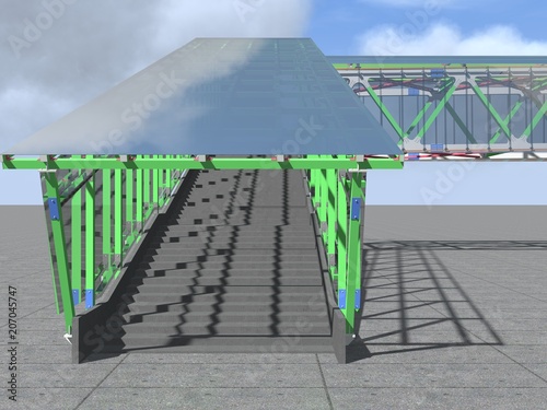 Modern elevated pedestrian crossing of glass and metal. 3D rendering. Structure of metal beams, concrete columns and glass. photo