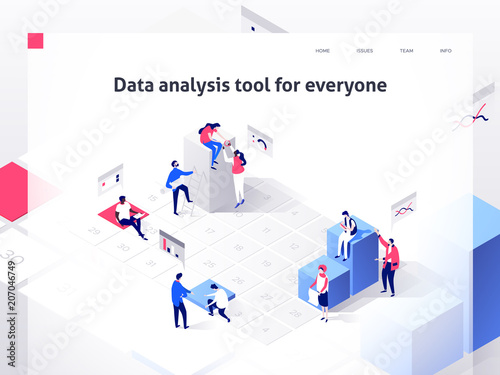 People in a team build a time schedule and interact with graphs. Landing page template. 3d isometric illustration