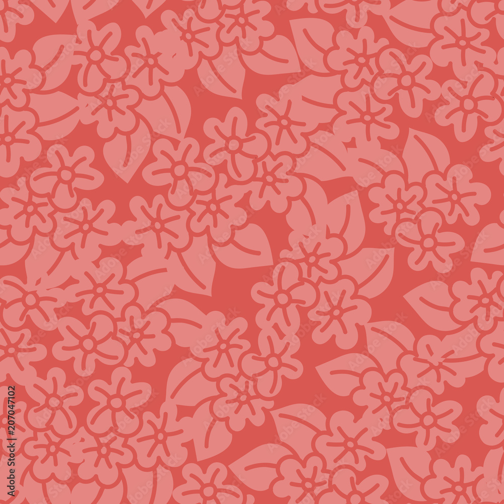 Red hibiscus handdrawn seamless pattern. Great for fabric, wallpaper, and scrap booking. Vector surface pattern design.
