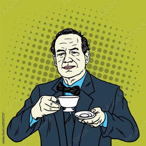 Man Drinking a Cup of Tea. Coffee Break. Vector Pop Art Illustration