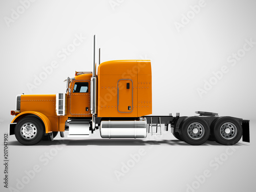 Modern truck tractor for cargo three axle without trailer orange side view 3d render on gray background with shadow photo