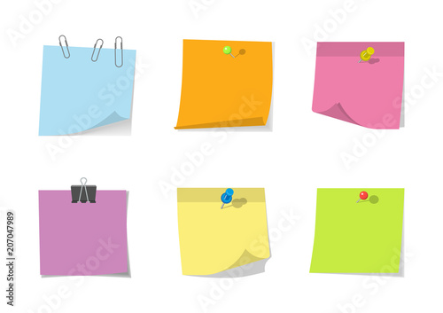 Vector illustration. Set of different colored sheets for notes with pins and clips.