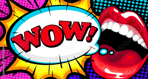 Sexy open female mouth and WOW Message in pop art style, promotional background, presentation poster. Flat design, illustration. Vector background in comic retro pop art style.